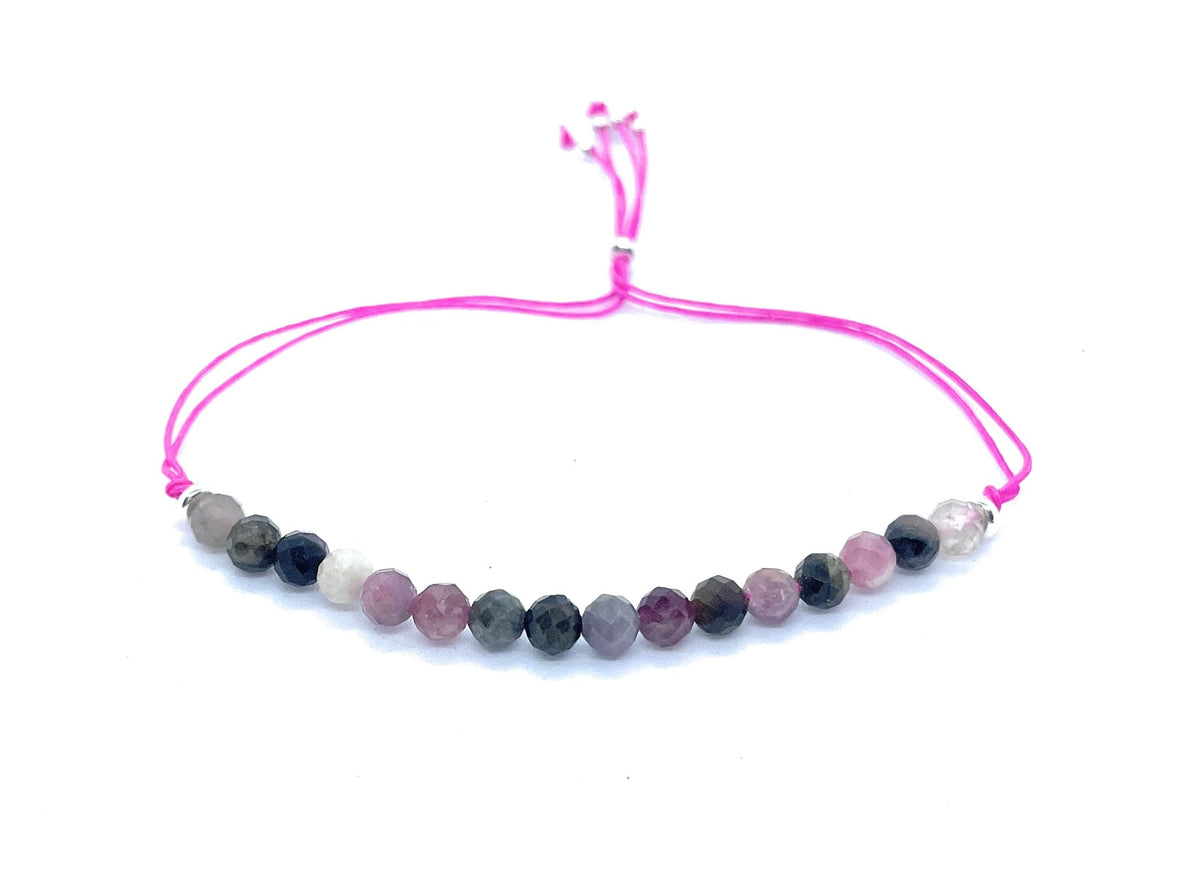 Pulsera de hilo de turmalina sandia piedra natural y plata de ley ajustable