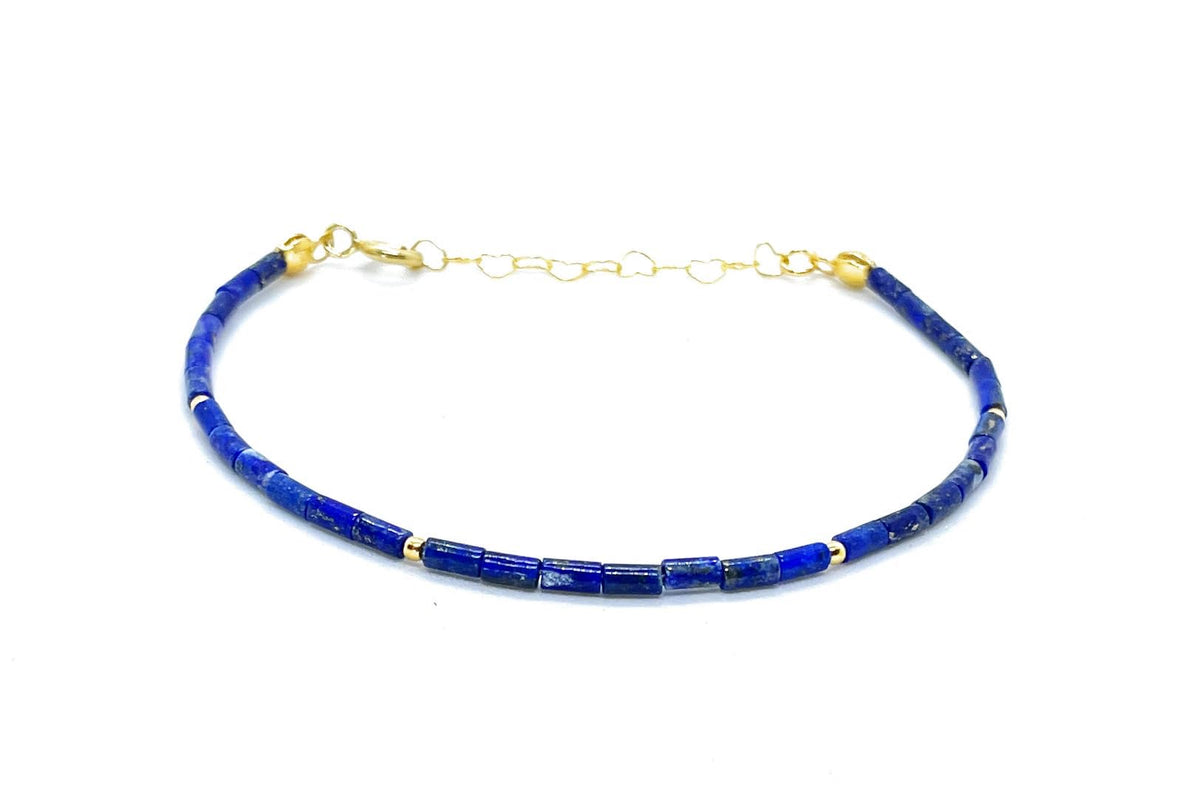 Pulsera de lapislázuli natural, tubos de 2x4 mm, plata 925 chapada en oro de 24 k, 16-19 cm