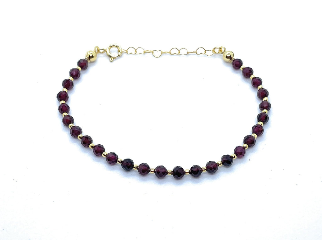Pulsera de Granate Natural, 4mm, Plata 925 Chapada en Oro 24k, Ajustable 16-19cm