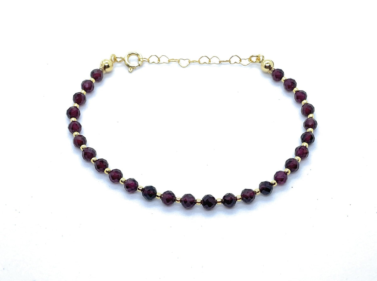 Pulsera de Granate Natural, 4mm, Plata 925 Chapada en Oro 24k, Ajustable 16-19cm