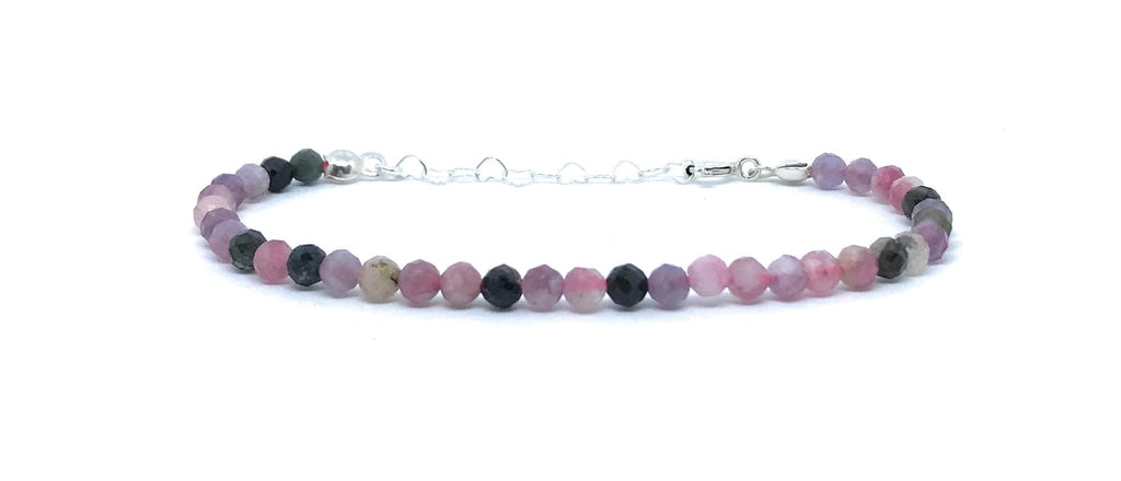 Pulsera de turmalina sandía, piedras naturales semipreciosas de 4 mm de grosor, cadena de plata ajustable de 16cm a 19cm.
