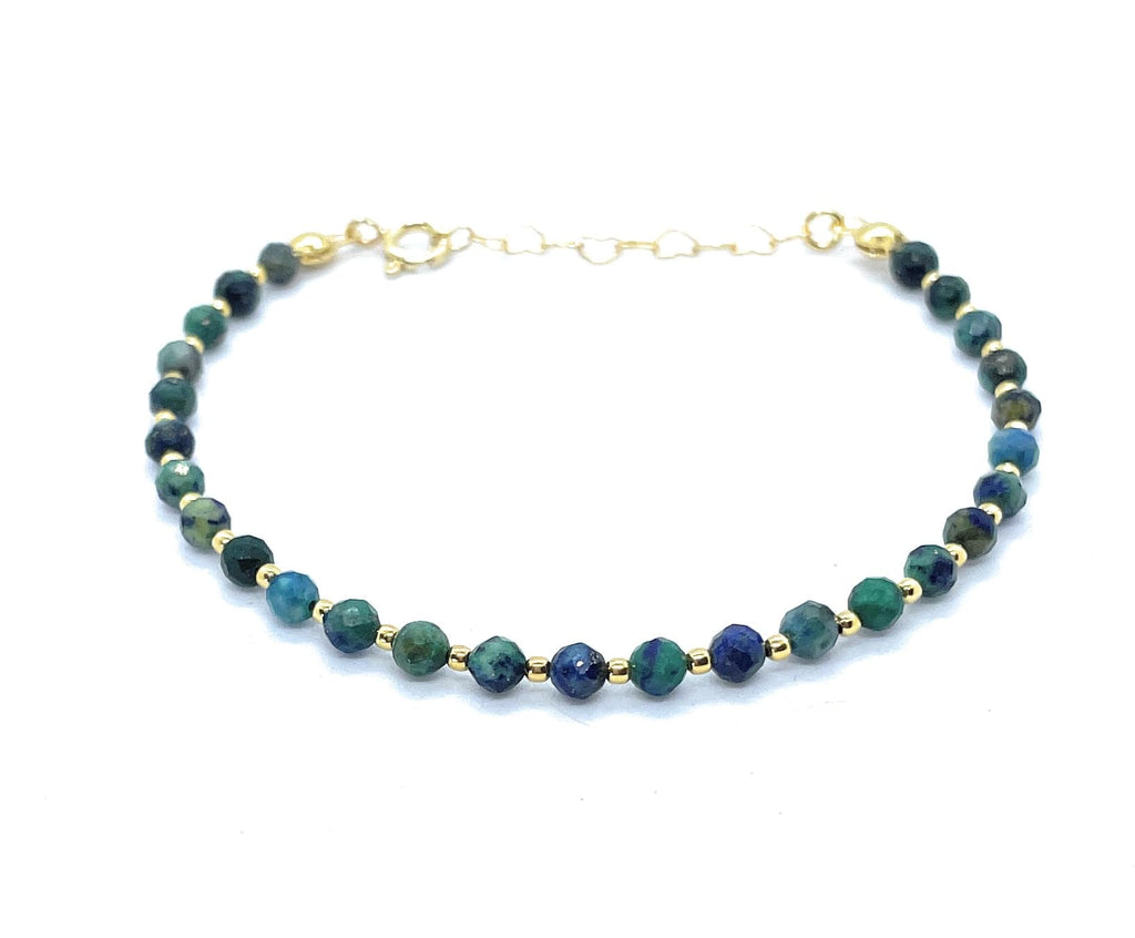Pulsera de Crisocola Natural de 4 mm, Plata 925 Chapada en Oro de 24 Quilates, Ajustable de 16 a 19 cm