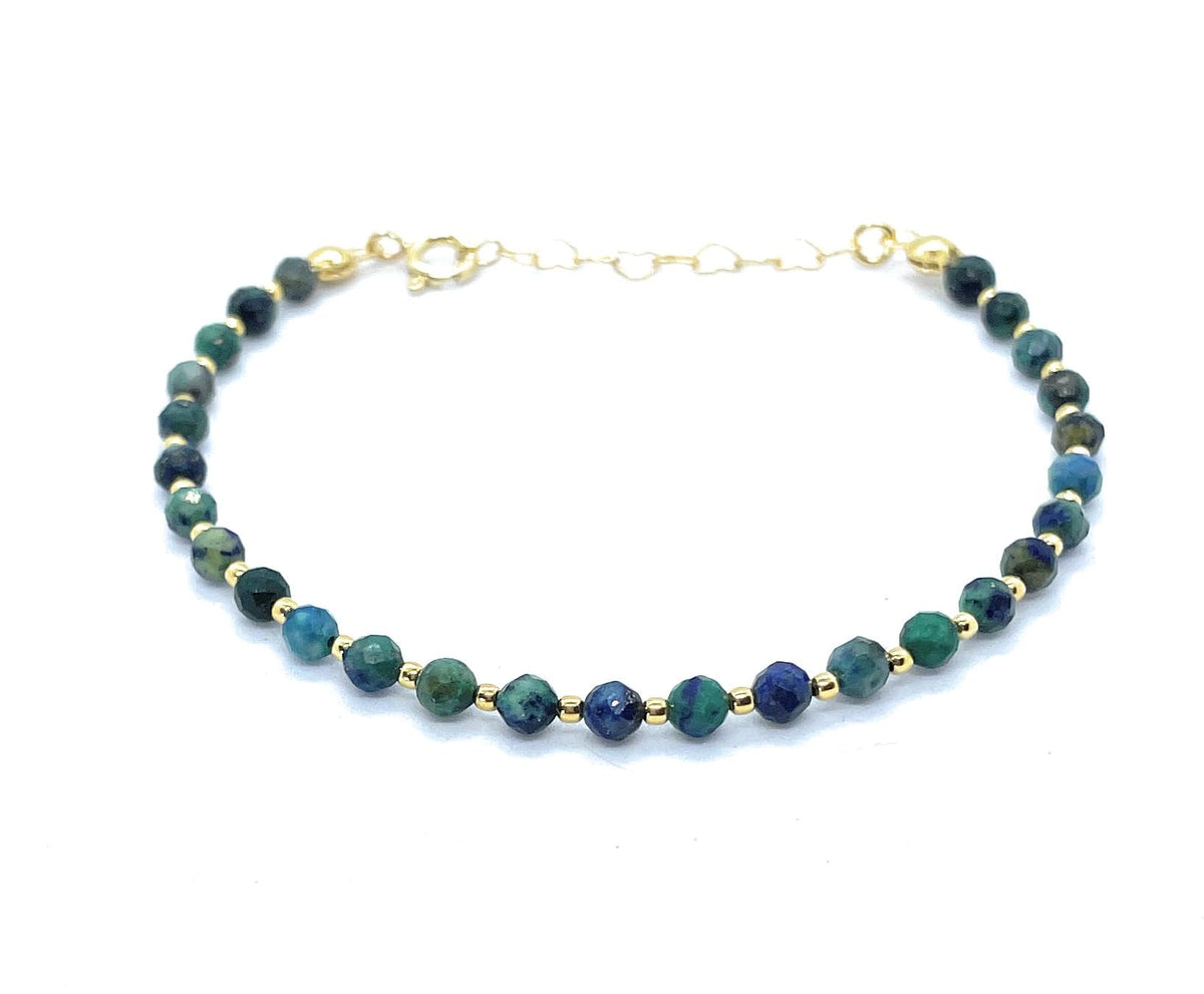 Pulsera de Crisocola Natural de 4 mm, Plata 925 Chapada en Oro de 24 Quilates, Ajustable de 16 a 19 cm