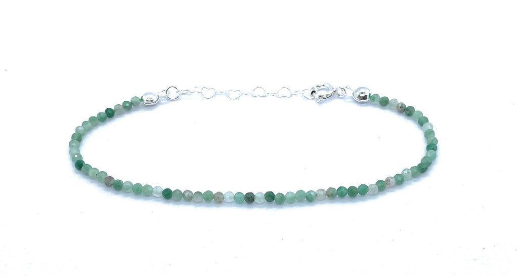 Pulsera de Esmeralda Natural de 2 mm, Plata 925, Ajustable de 16 a 19 cm