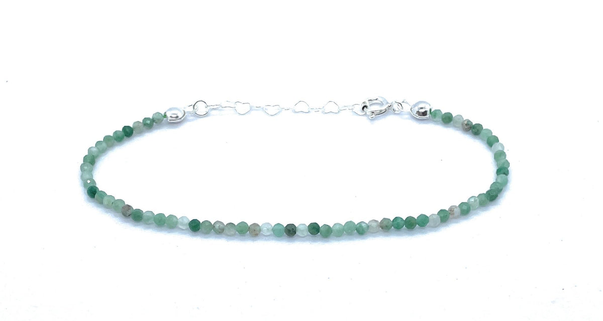 Pulsera de Esmeralda Natural de 2 mm, Plata 925, Ajustable de 16 a 19 cm