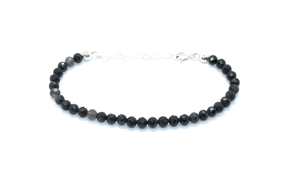 Pulsera de obsidiana piedra natural de 4 mm, plata 925, ajustable de 16 a 19 cm