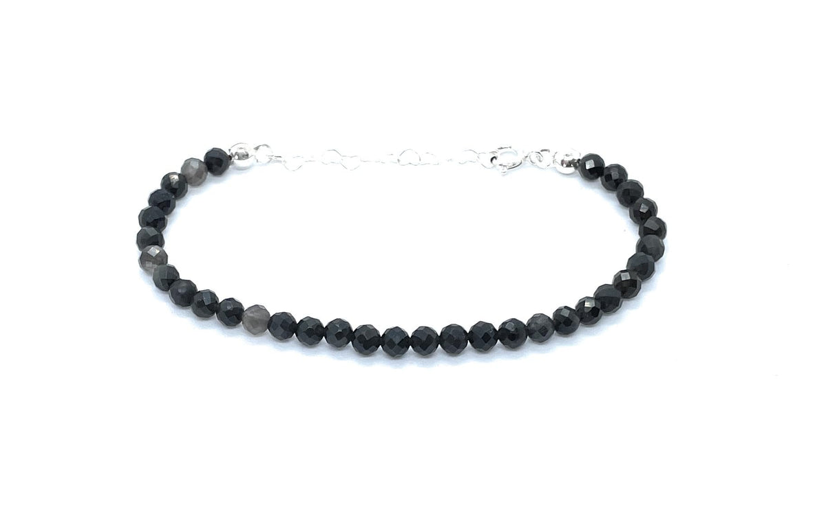 Pulsera de obsidiana piedra natural de 4 mm, plata 925, ajustable de 16 a 19 cm