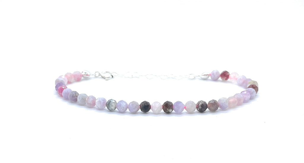 Pulsera de turmalina rosa de 4 mm, plata de ley 925, ajustable de 16 a 19 cm