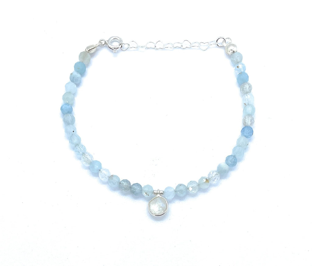 Pulsera de mujer aguamarina de 4mm de grosor dije de piedra luna de 6 mm plata de primera ley 925 ajustable de 16cm a 19cm