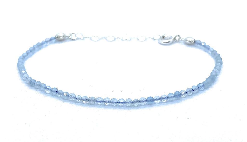 Pulsera de aguamarina de 2mm de grosor y plata de ley ajustable de 16 cm a 19 cm