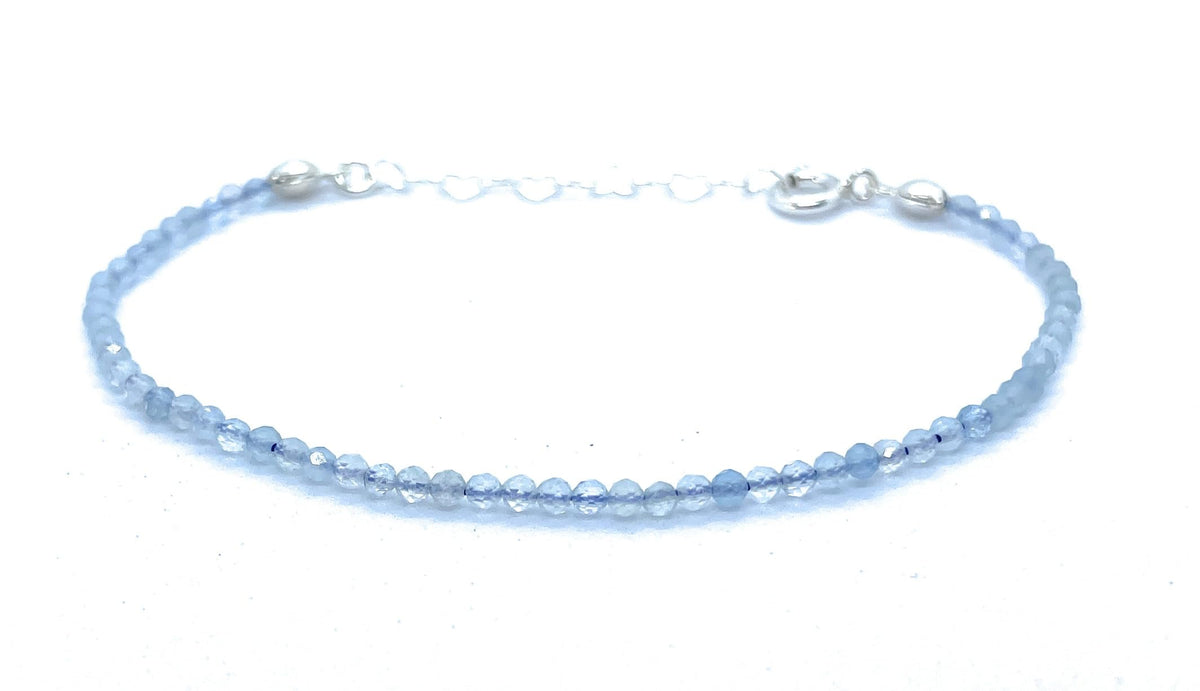 Pulsera de aguamarina de 2mm de grosor y plata de ley ajustable de 16 cm a 19 cm