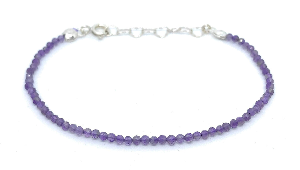 Pulsera de piedra natural 2 mm amatista y plata de ley ajustable de 16 cm a 19 cm