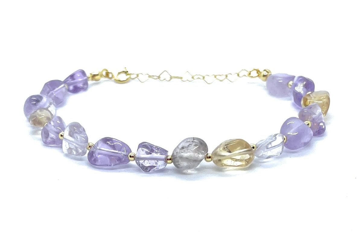 Eloboe essence Pulsera de Ametrina Natural, 5x7mm, Plata 925 Chapada en Oro 24K, 16-19 cm, Dorado