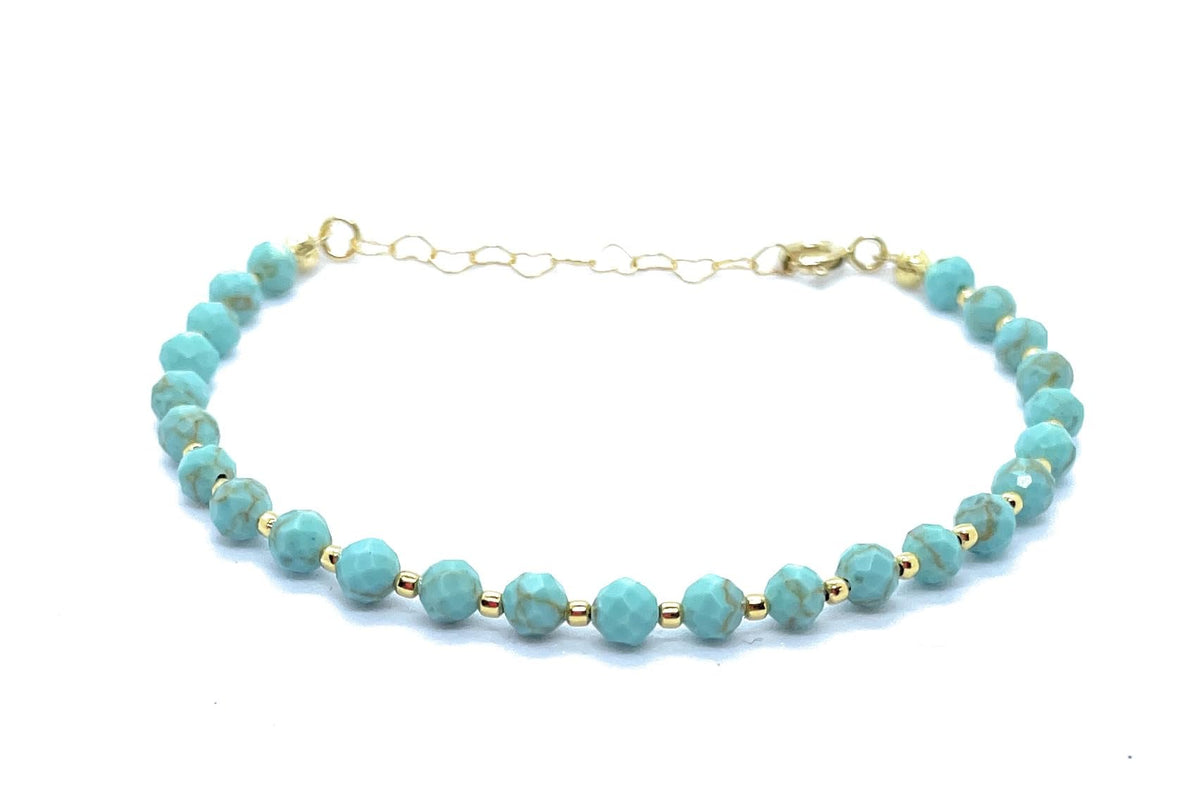 Pulsera de Turquesa Natural, 4mm, Plata 925 Chapada en Oro 24k, Ajustable 16-19cm