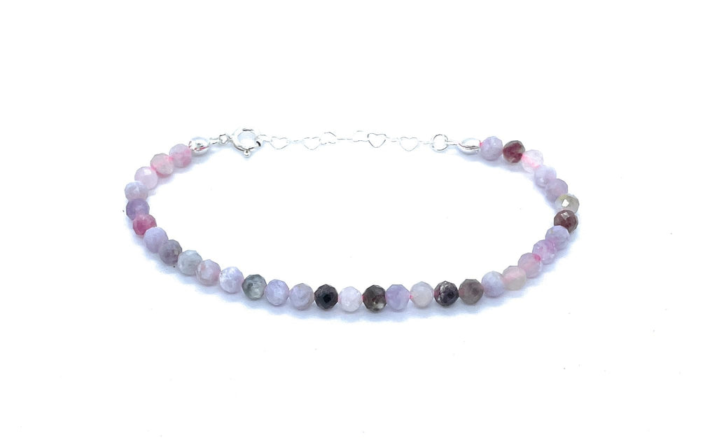 Pulsera de turmalina rosa de 4 mm, plata de ley 925, ajustable de 16 a 19 cm