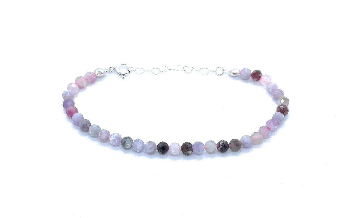 Pulsera de turmalina rosa de 4 mm, plata de ley 925, ajustable de 16 a 19 cm