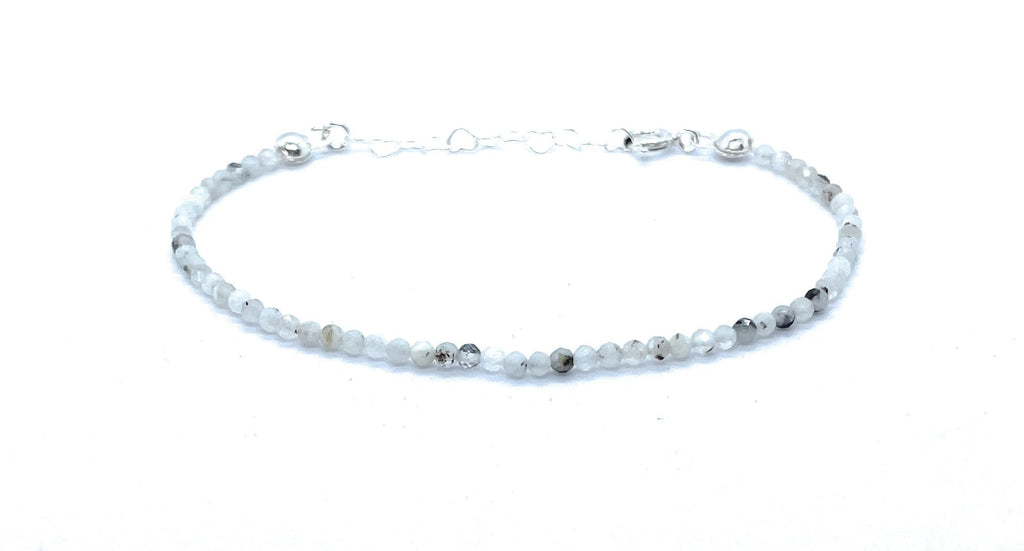 Pulsera de piedra luna con turmalina negra natural de 2mm, plata 925, ajustable de 16cm a 19cm