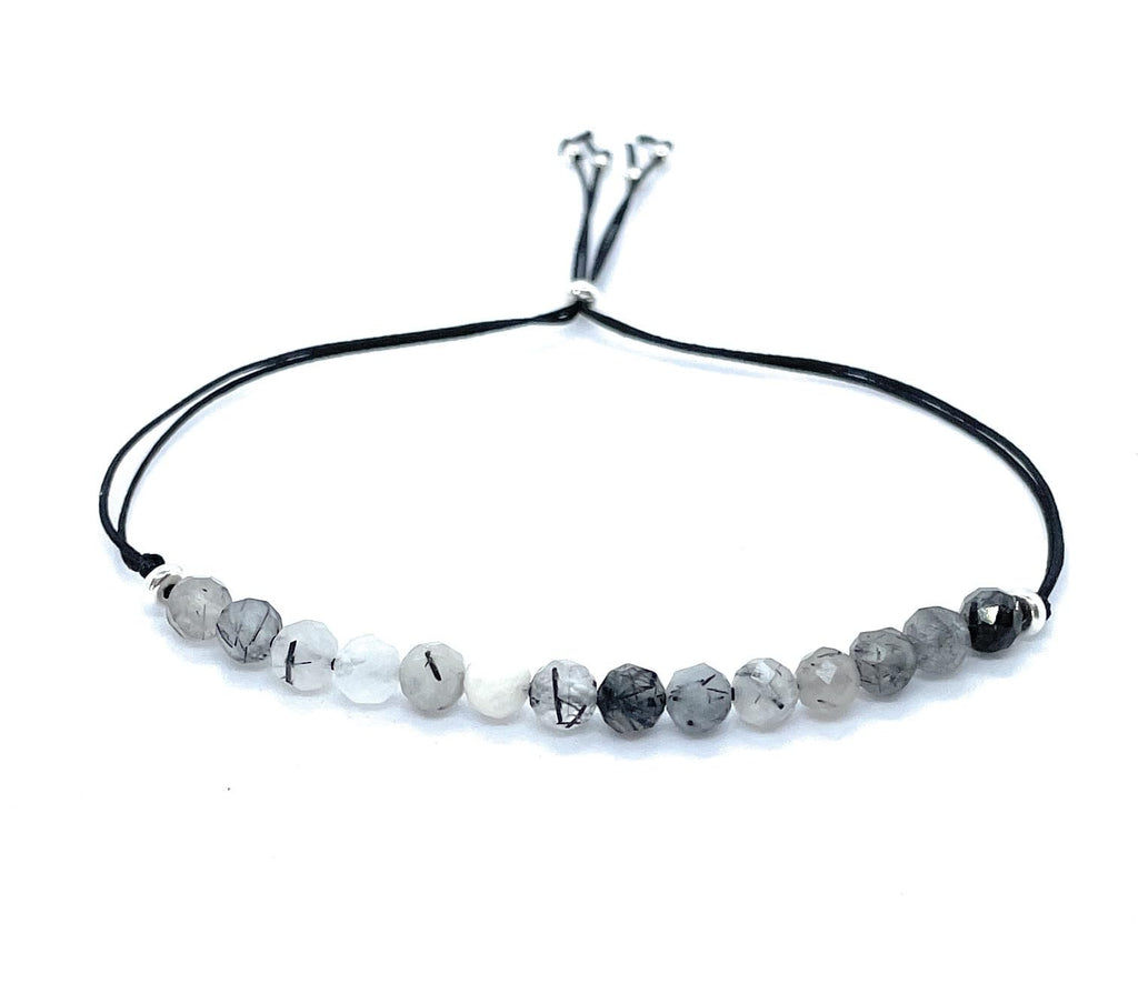 Pulsera de hilo con cuentas de cuarzo rutilado negro de 4 mm, plata de ley 925, ajustable