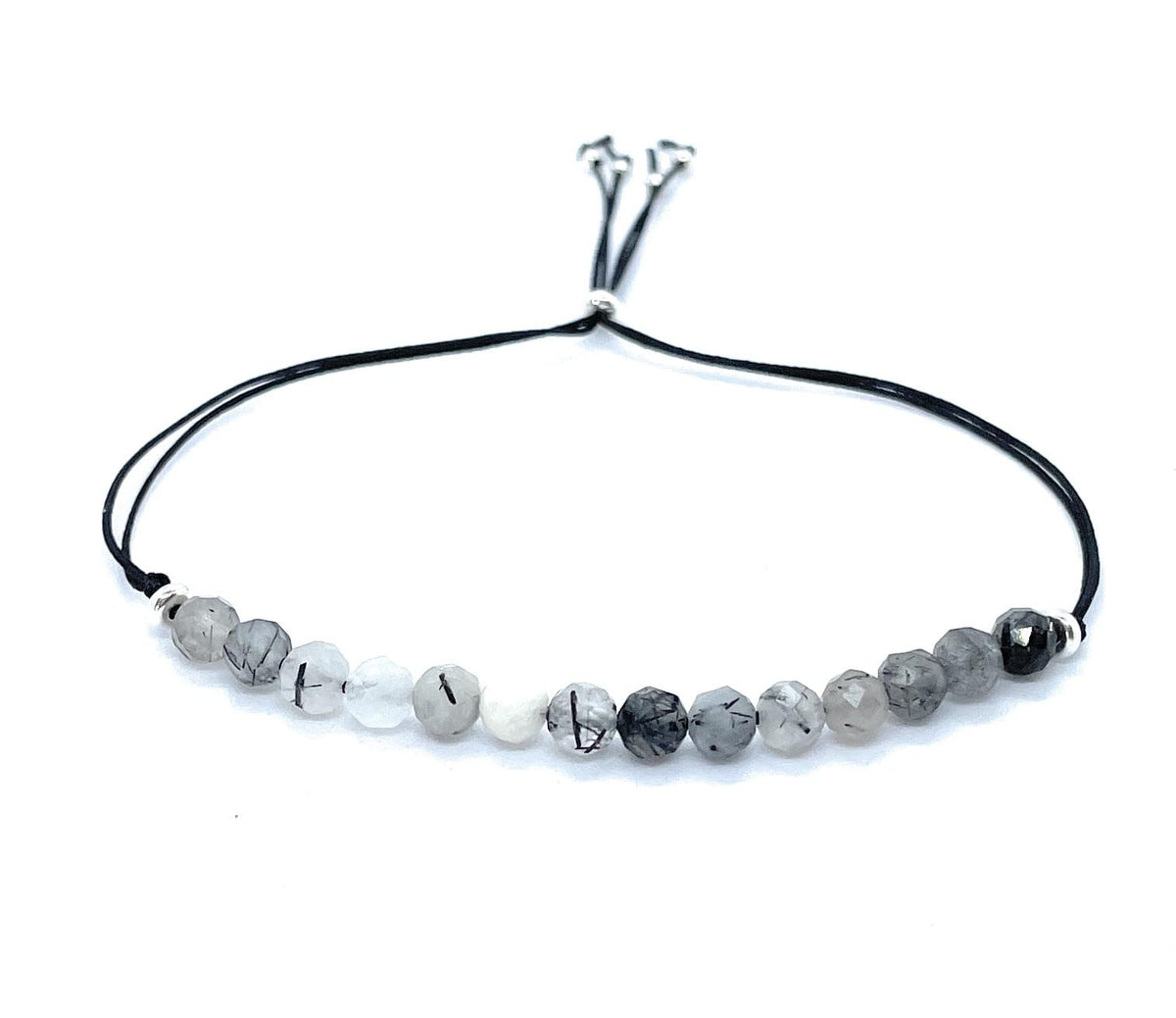 Pulsera de hilo con cuentas de cuarzo rutilado negro de 4 mm, plata de ley 925, ajustable