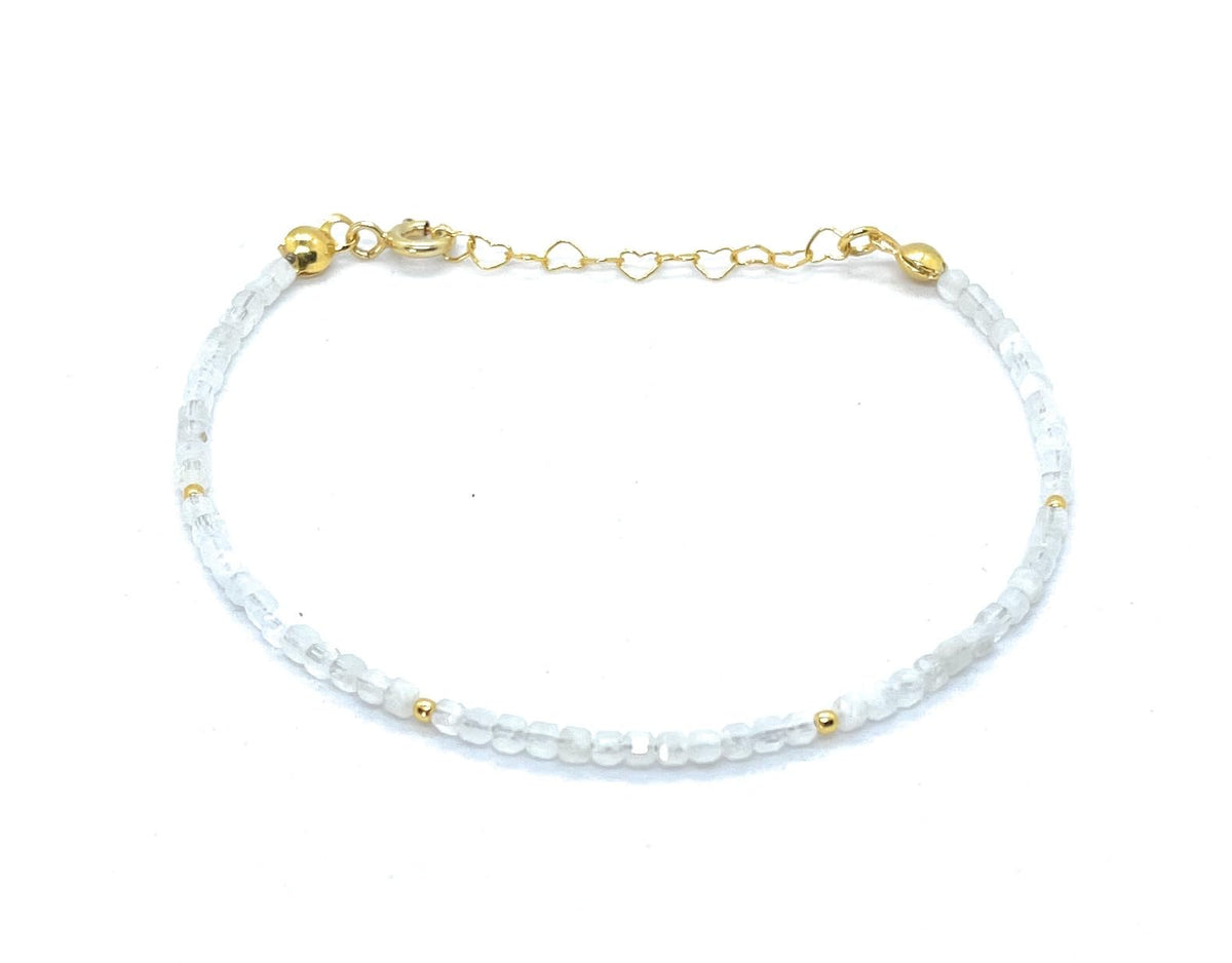 Pulsera de piedra luna natural, cubos de 2 mm, plata 925 chapada en oro de 24 quilates, 16-19 cm