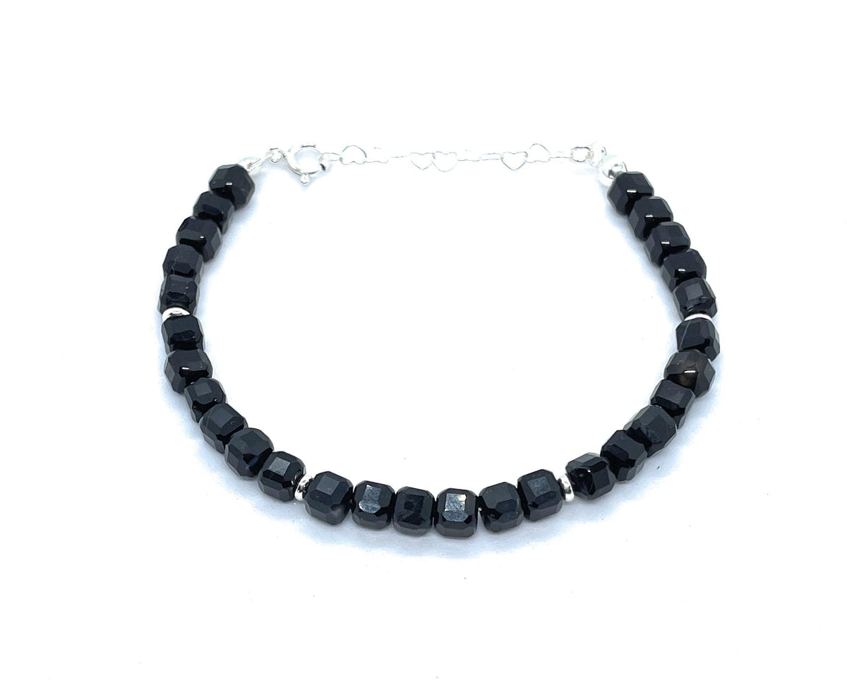 Pulsera de Turmalina Negra Cubos de 4 mm, Plata 925, Ajustable 16-19 cm