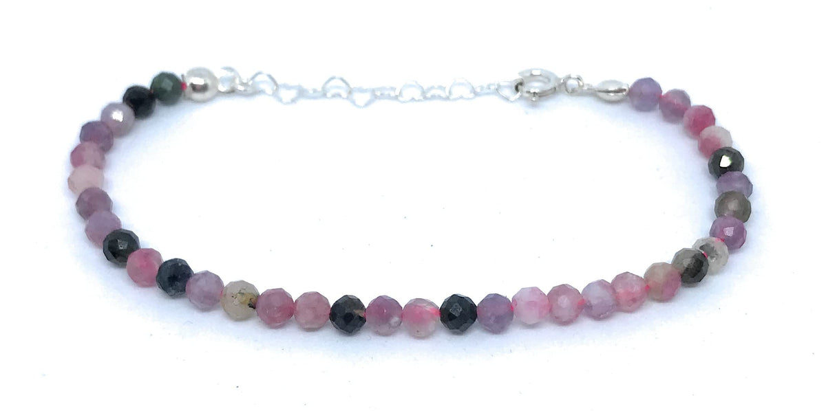 Pulsera de turmalina sandía, piedras naturales semipreciosas de 4 mm de grosor, cadena de plata ajustable de 16cm a 19cm.