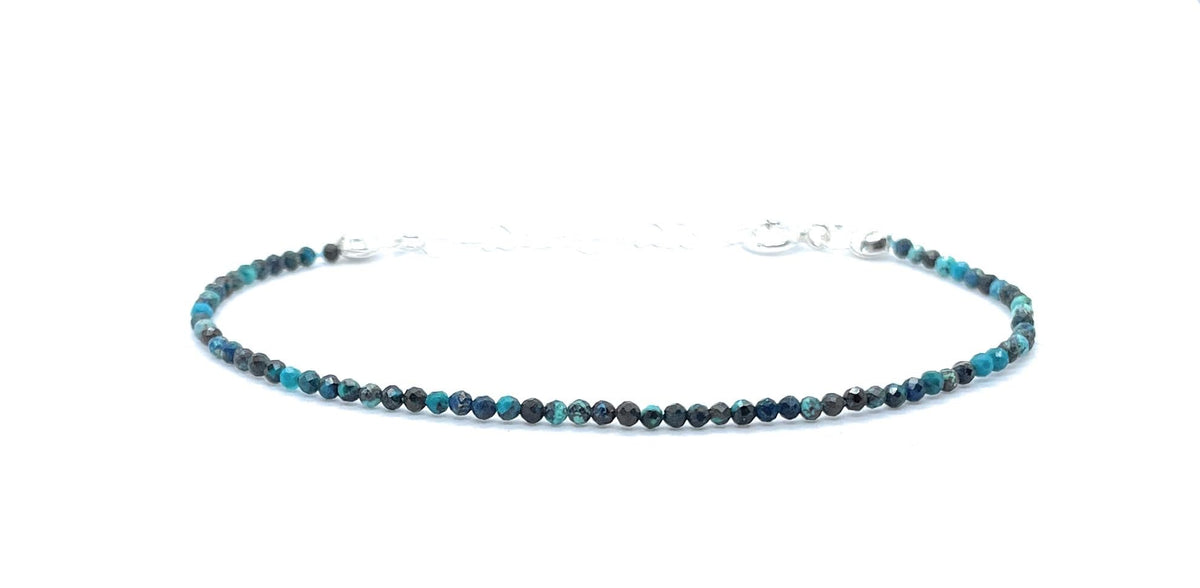 Pulsera de crisocola natural de 2 mm, plata de ley 925, ajustable de 16 a 19 cm