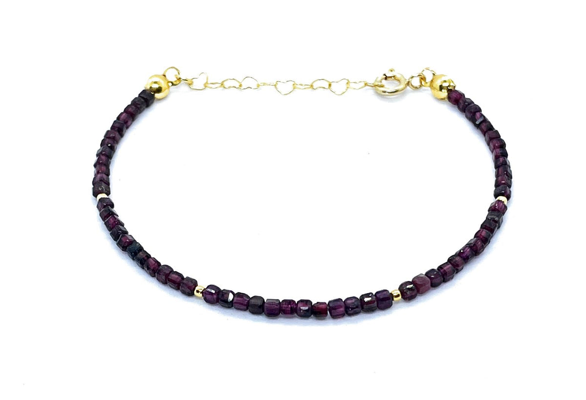 Pulsera de Piedras Granates Naturales de 2 mm, Plata 925 Chapada en Oro de 24k, 16-19 cm