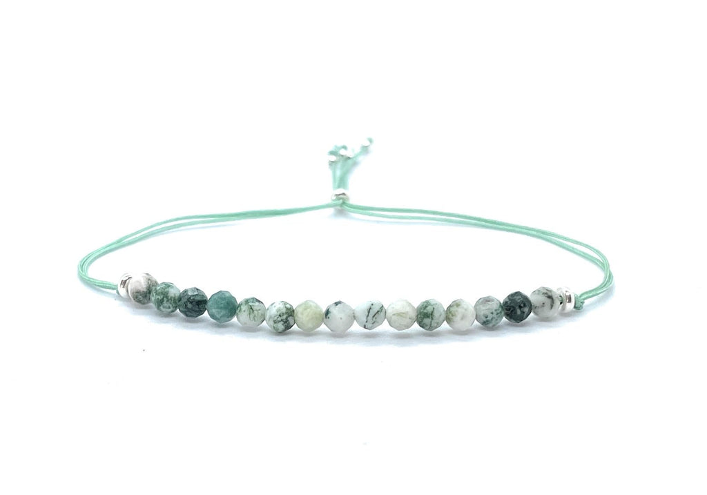 Pulsera de Hilo con Cuentas de Ágata Musgosa de 4 mm, Plata de Ley 925, Ajustable