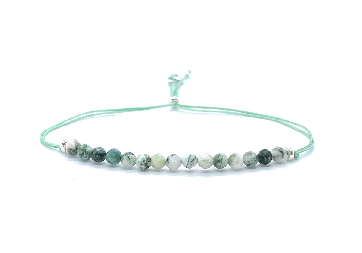 Pulsera de Hilo con Cuentas de Ágata Musgosa de 4 mm, Plata de Ley 925, Ajustable