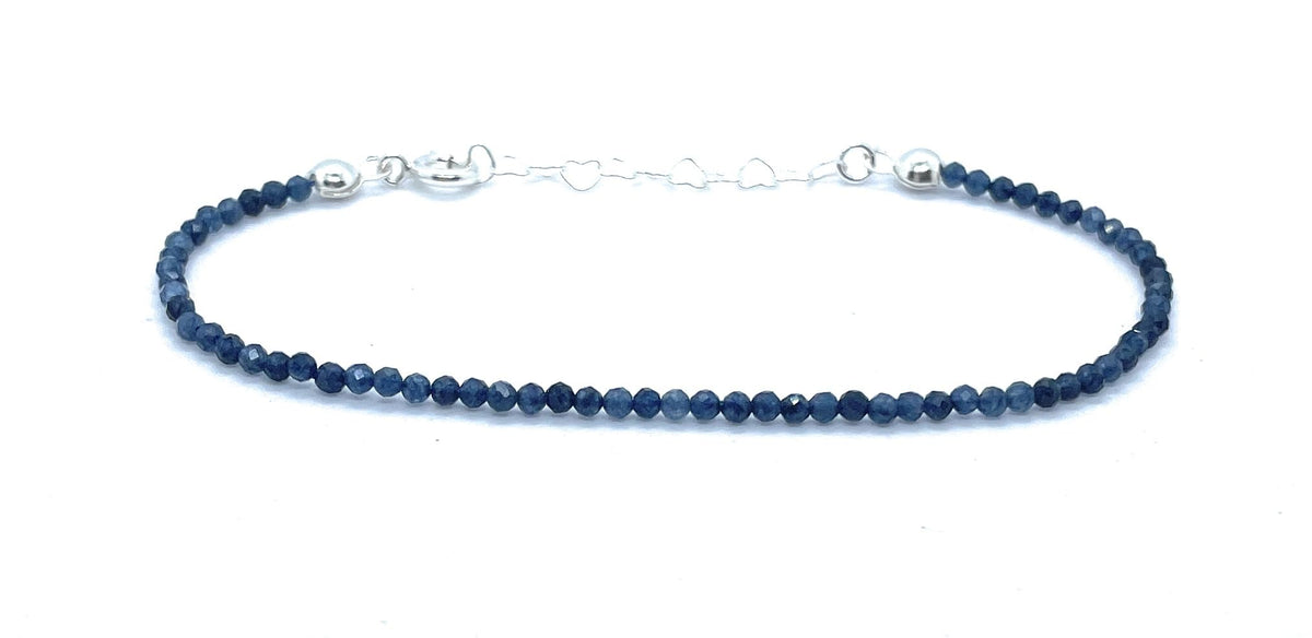Pulsera de zafiro natural de 2 mm, plata de ley 925, ajustable 16-19 cm