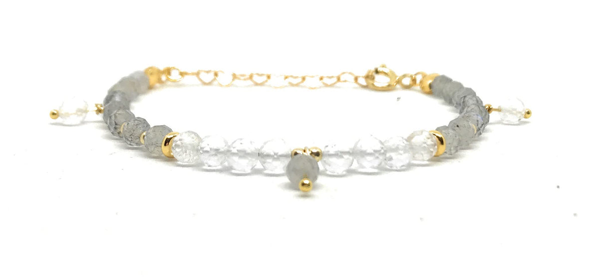 Pulsera de labradorita piedra lunar y cuarzo blanco piedras naturales de 4 mm de grosor plata de primera ley chapada en oro ajustable de 16mm a 19mm