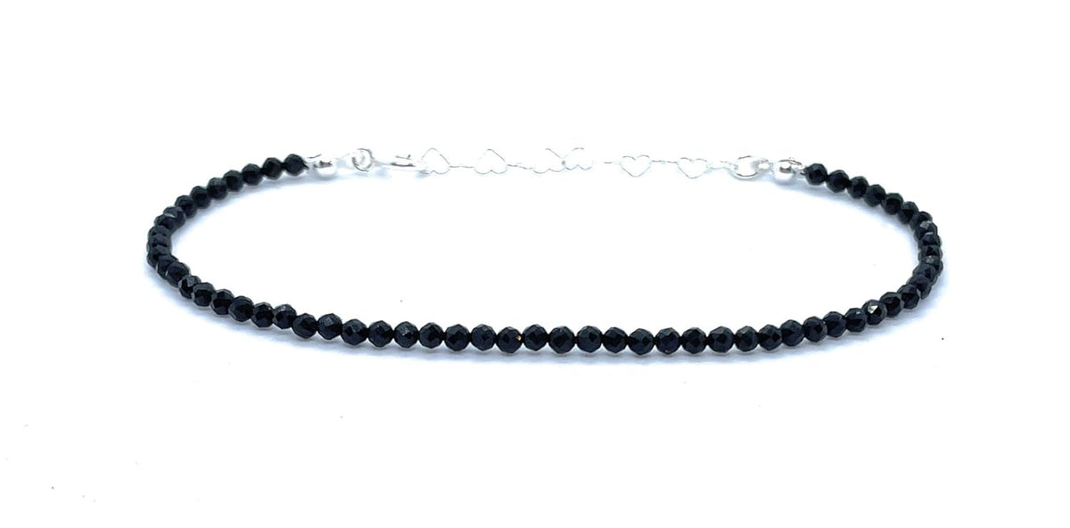 Pulsera de turmalina negra, plata 925, ajustable de 16-19 cm, grosor de 2 mm