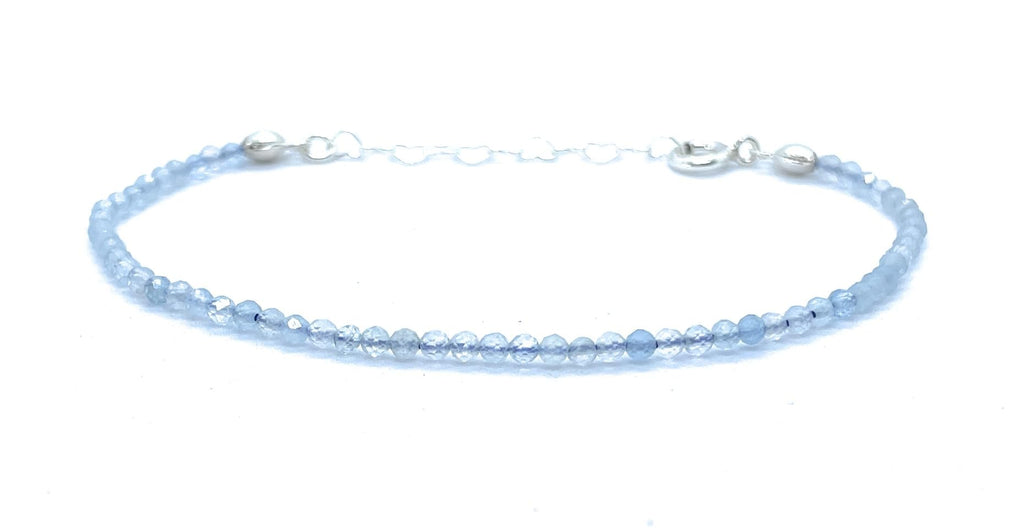 Pulsera de aguamarina de 2mm de grosor y plata de ley ajustable de 16 cm a 19 cm