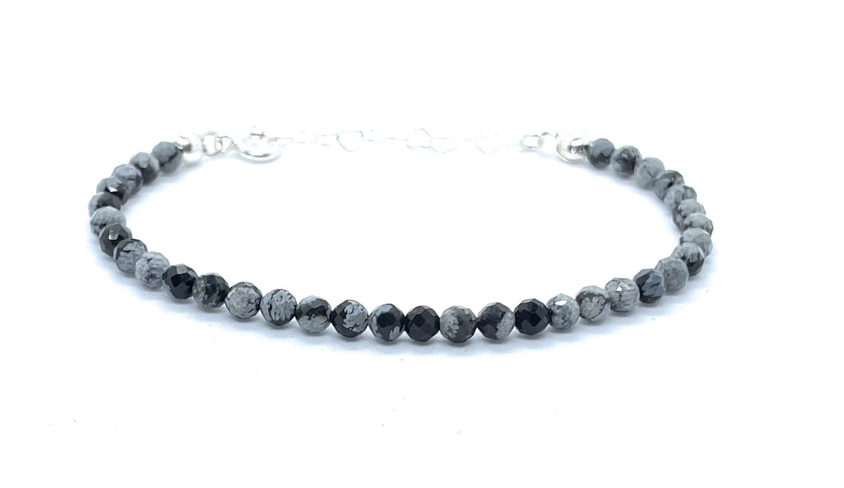 Pulsera de obsidiana nevada de 4 mm, plata de ley 925, ajustable de 16 a 19 cm