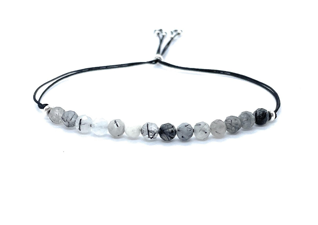 Pulsera de hilo con cuentas de cuarzo rutilado negro de 4 mm, plata de ley 925, ajustable