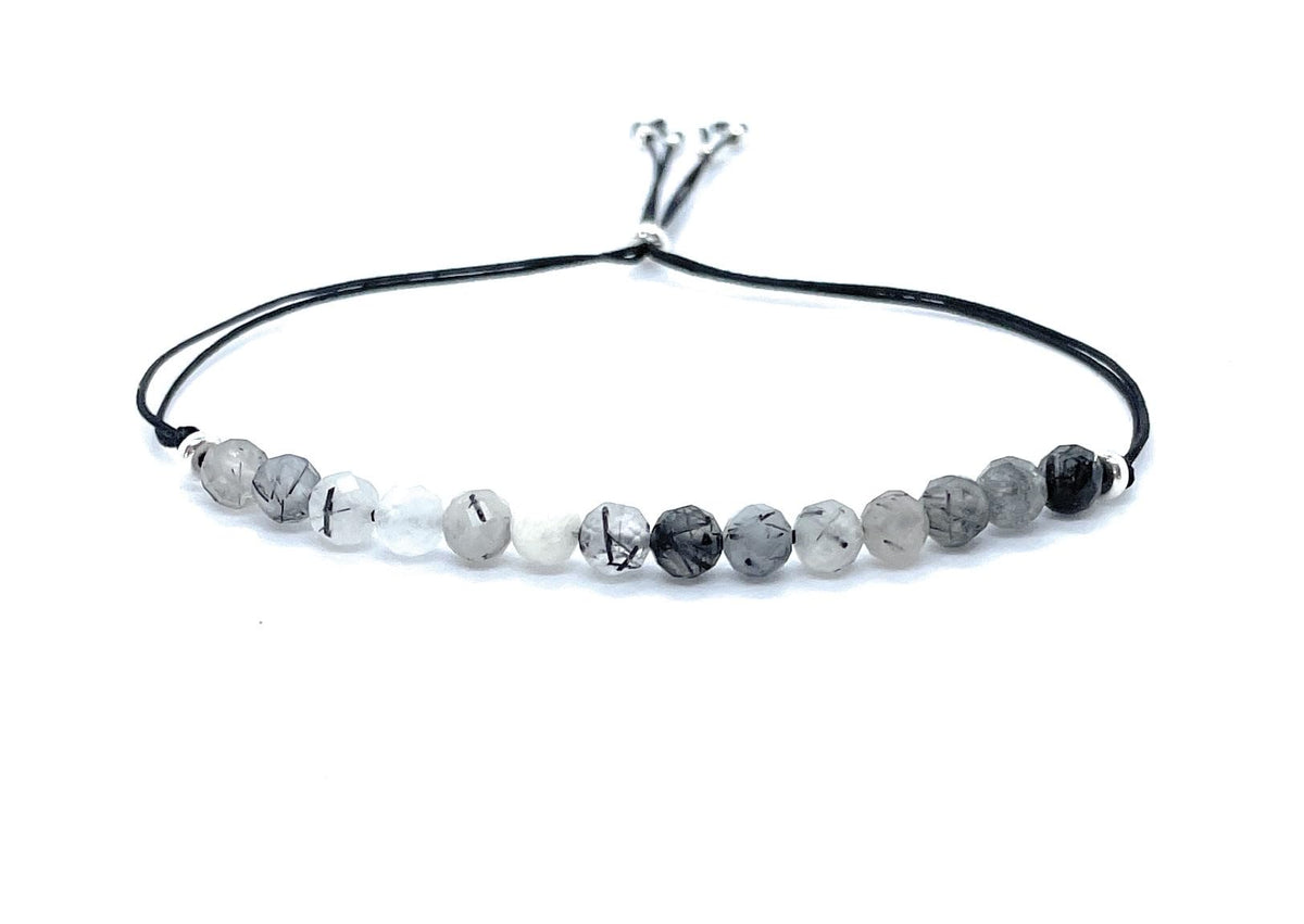 Pulsera de hilo con cuentas de cuarzo rutilado negro de 4 mm, plata de ley 925, ajustable