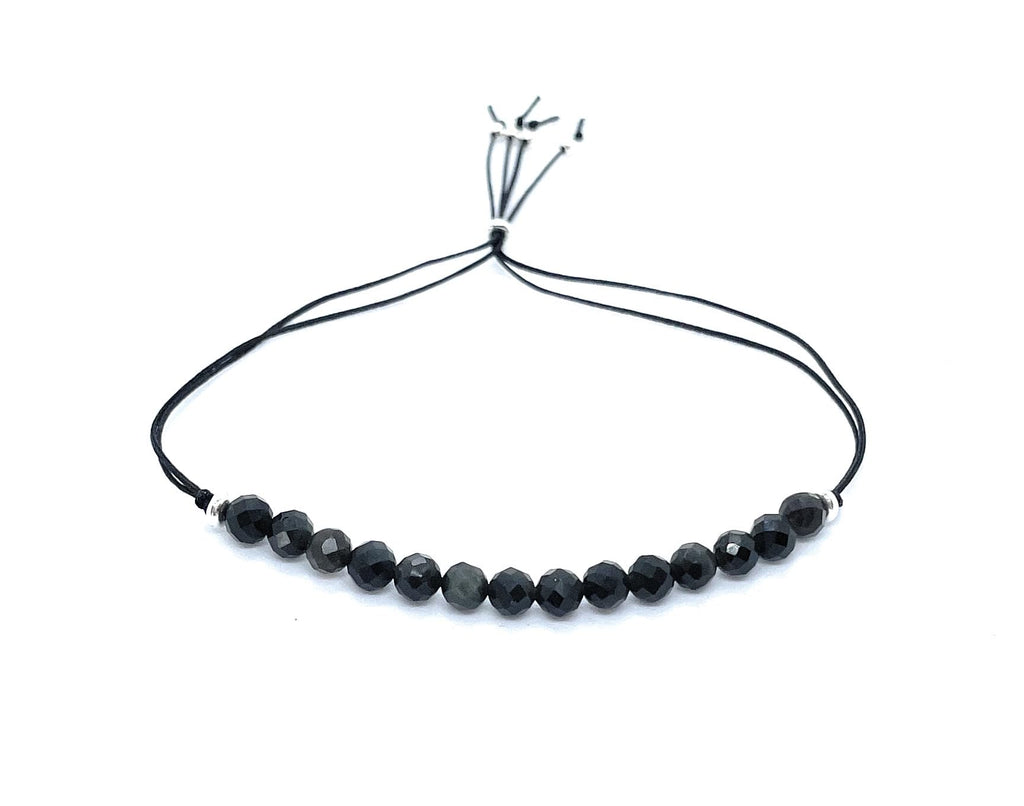 Pulsera de hilo con cuentas de obsidiana natural de 4 mm, plata de ley 925, ajustable