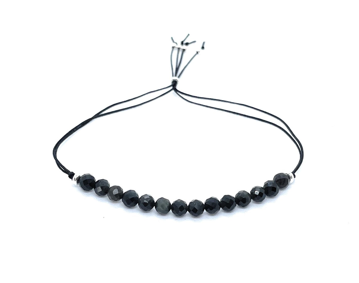 Pulsera de hilo con cuentas de obsidiana natural de 4 mm, plata de ley 925, ajustable