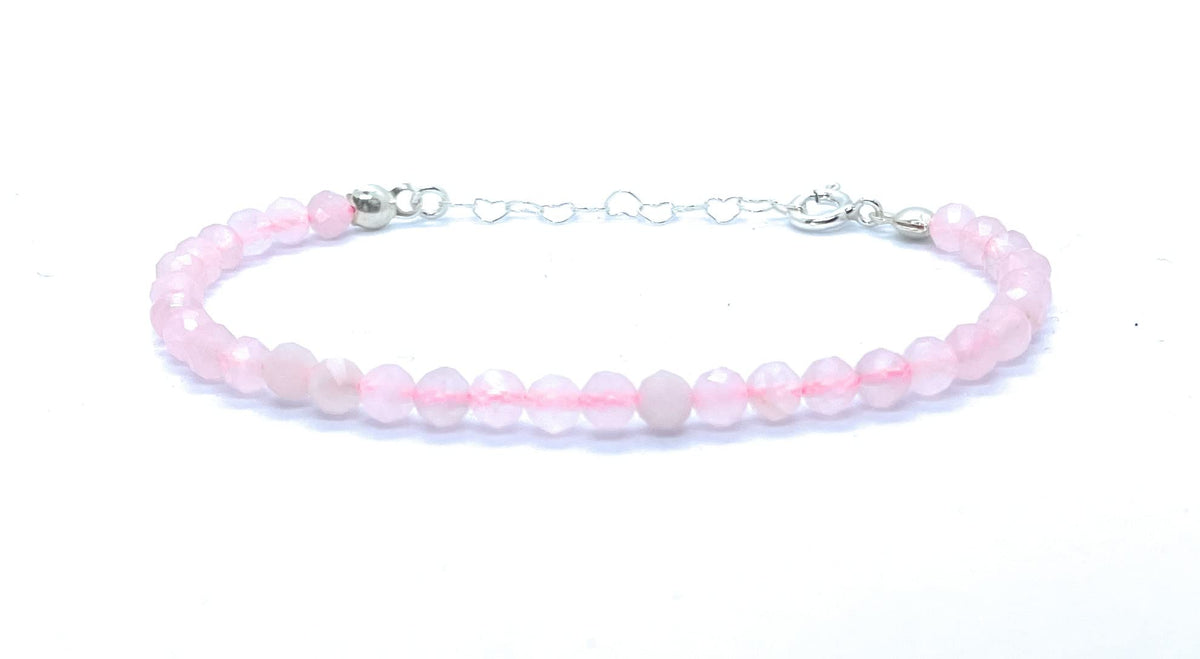 Pulsera de cuarzo rosa, piedras naturales semipreciosas de 4 mm de grosor, cadena de plata ajustable de 16cm a 19cm.