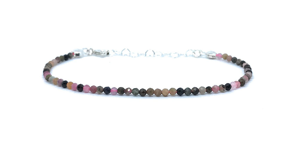 Pulsera de turmalina sandía de 2mm y plata de ley ajustable de 16 cm a 19 cm,
