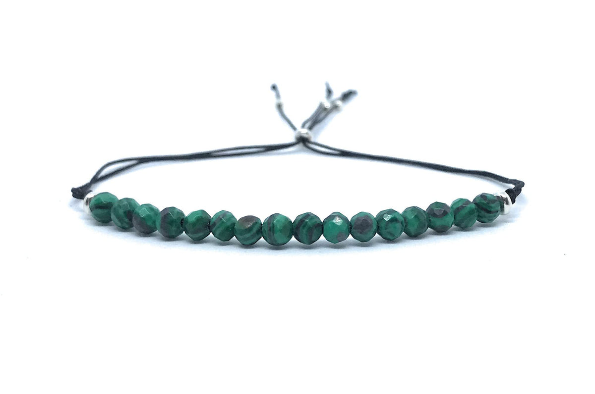 Pulsera de hilo mujer malaquita piedra natural de 4mm de grosor plata de primera ley 925 ajustable a todos los grosores de muñeca