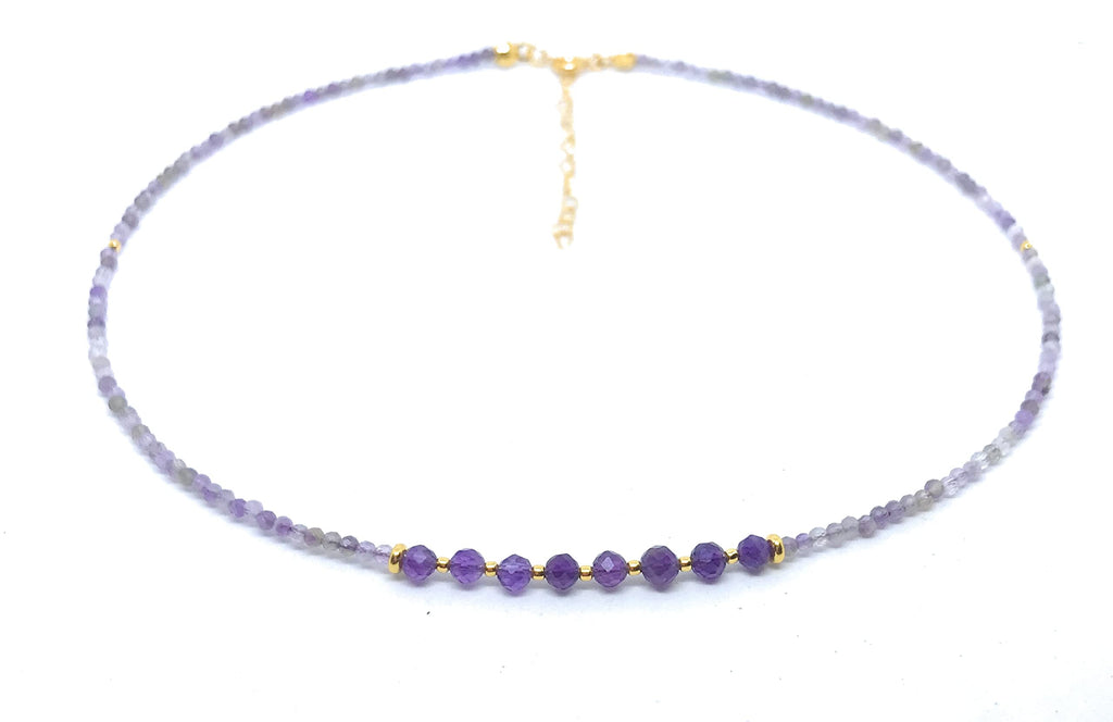 Gargantilla de piedra natural amatista plata de primera ley chapada en 24K longitud 40 cm ajustable a 45cm