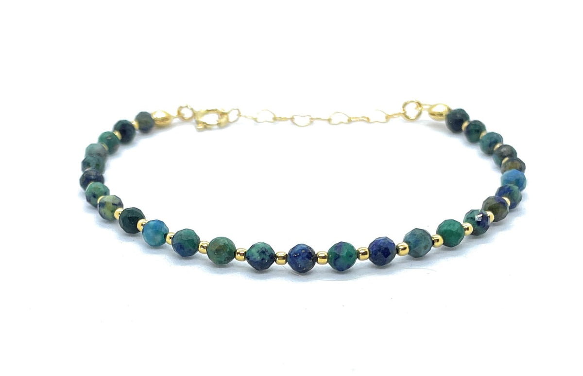 Pulsera de Crisocola Natural de 4 mm, Plata 925 Chapada en Oro de 24 Quilates, Ajustable de 16 a 19 cm
