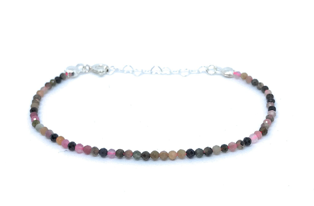 Pulsera de turmalina sandía de 2mm y plata de ley ajustable de 16 cm a 19 cm,