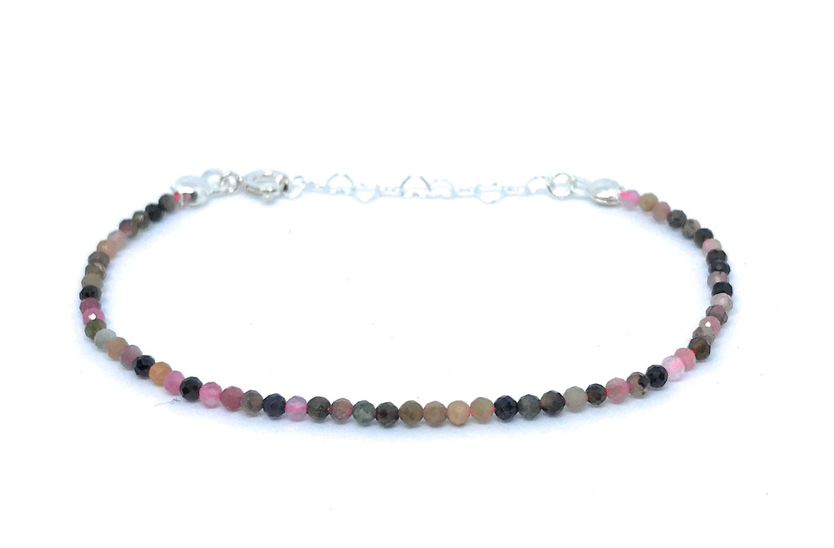 Pulsera de turmalina sandía de 2mm y plata de ley ajustable de 16 cm a 19 cm,