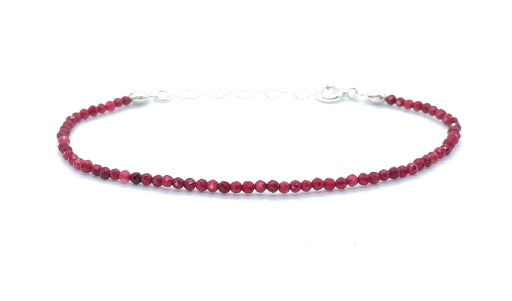 Pulsera de rubí natural de 2 mm, plata de ley 925, ajustable de 16 cm a 19 cm