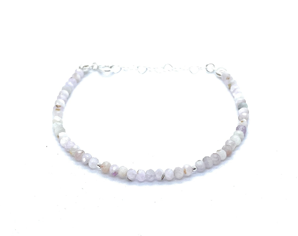 Pulsera de kuncita y plata de ley 925, piedras naturales de 4x2 mm, ajustable de 16 a 19 cm