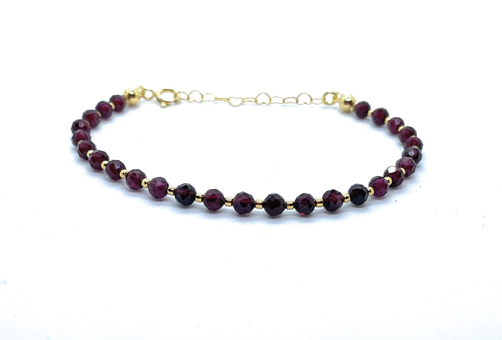 Pulsera de Granate Natural, 4mm, Plata 925 Chapada en Oro 24k, Ajustable 16-19cm