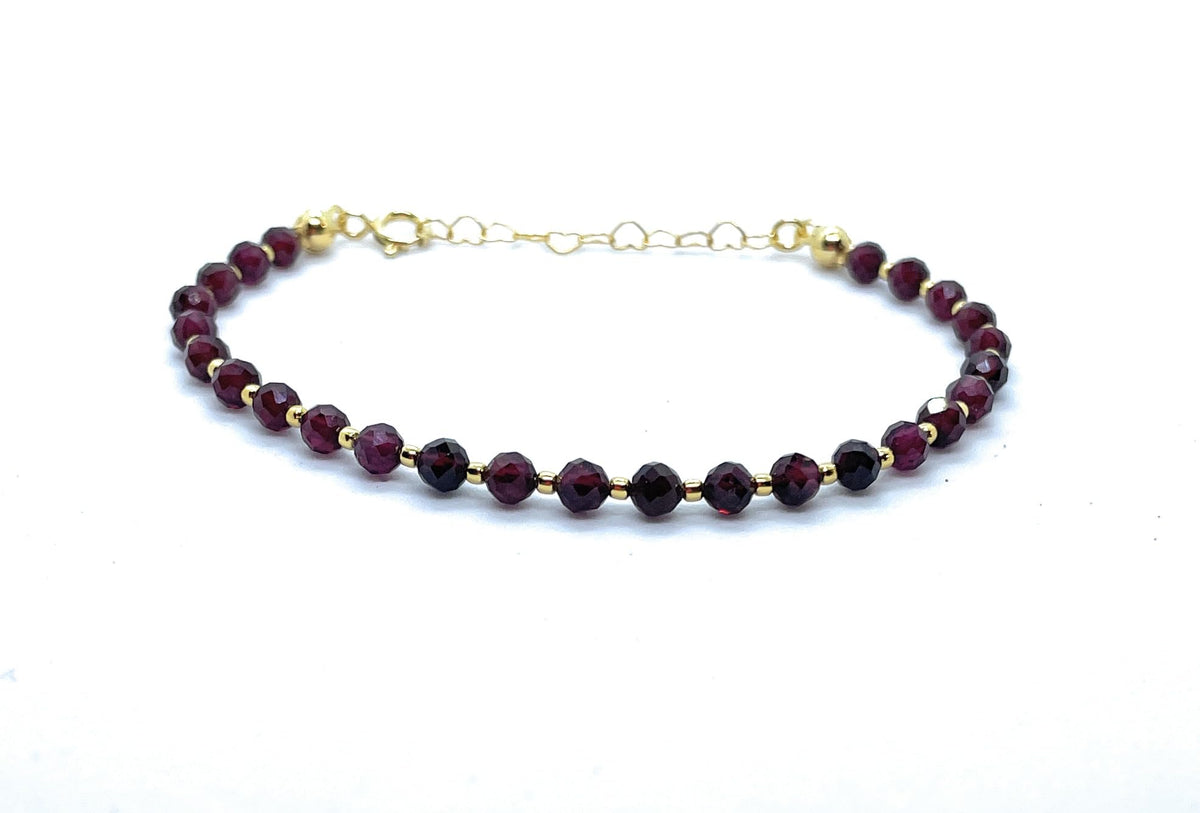 Pulsera de Granate Natural, 4mm, Plata 925 Chapada en Oro 24k, Ajustable 16-19cm